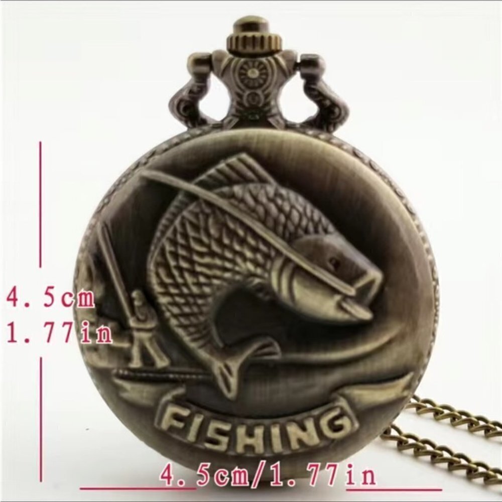 Pocket Chain Watch Fishing Theme Sportsperson Bronze Steampunk Retro Style Gift - Picture 6 of 12